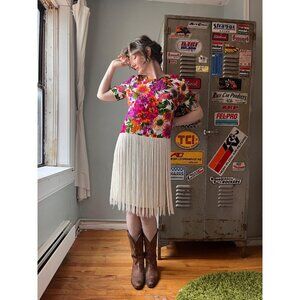 Vintage 70s Floral Fringe Dress | 1970s Mod Shoulder‑Pad Shift Ivory Tassel Hem
